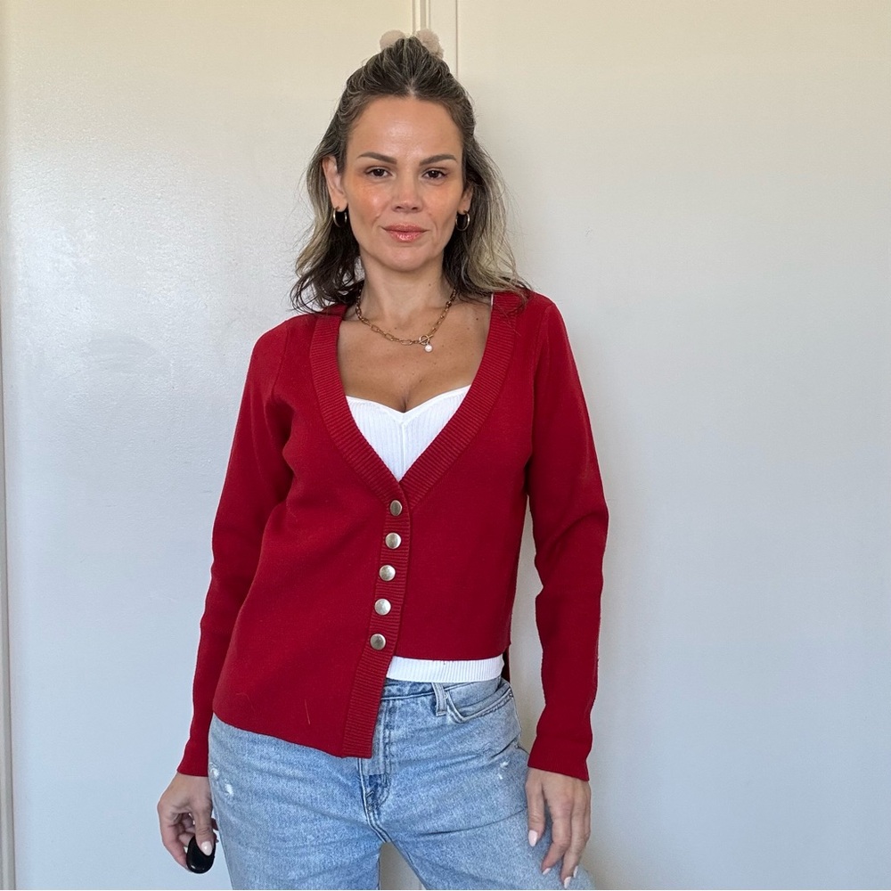 For Love And Lemons Knitz Oxford Asymmetrical Red Cardigan